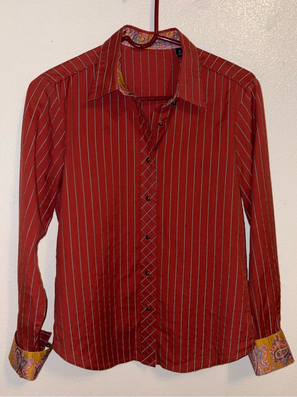 Robert Graham Red/Orange Stripe Button-Down Shirt with Paisley Cuffs Size 6